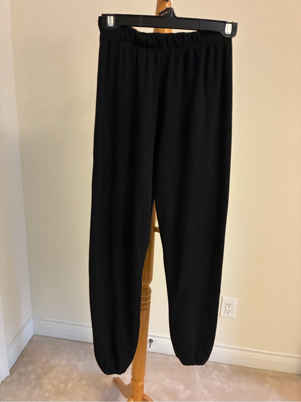 Black Waffle Women's Jogger Pants with Elastic Waist